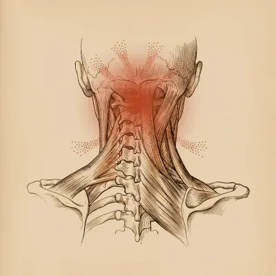Gravura anatômica da coluna cervical com ponto de dor.