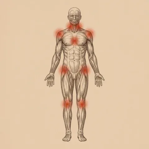 Gravura anatômica de um corpo com vários pontos de dor.