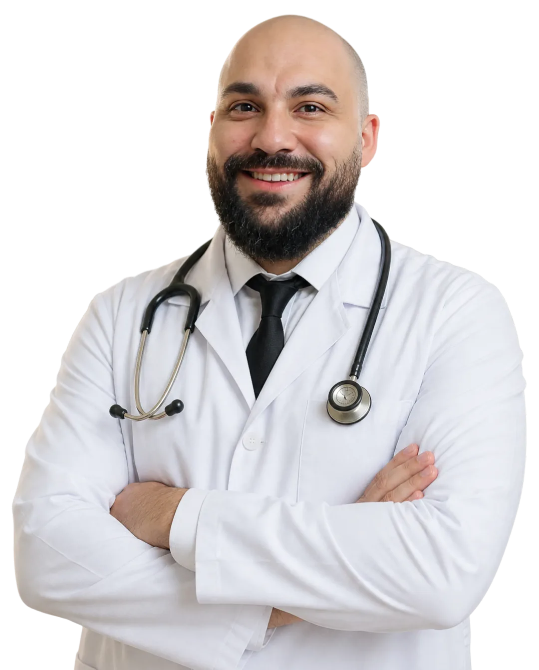 Dr. Thiago Marques Lima, de jaleco branco e estetoscópio, com os braços cruzados.
