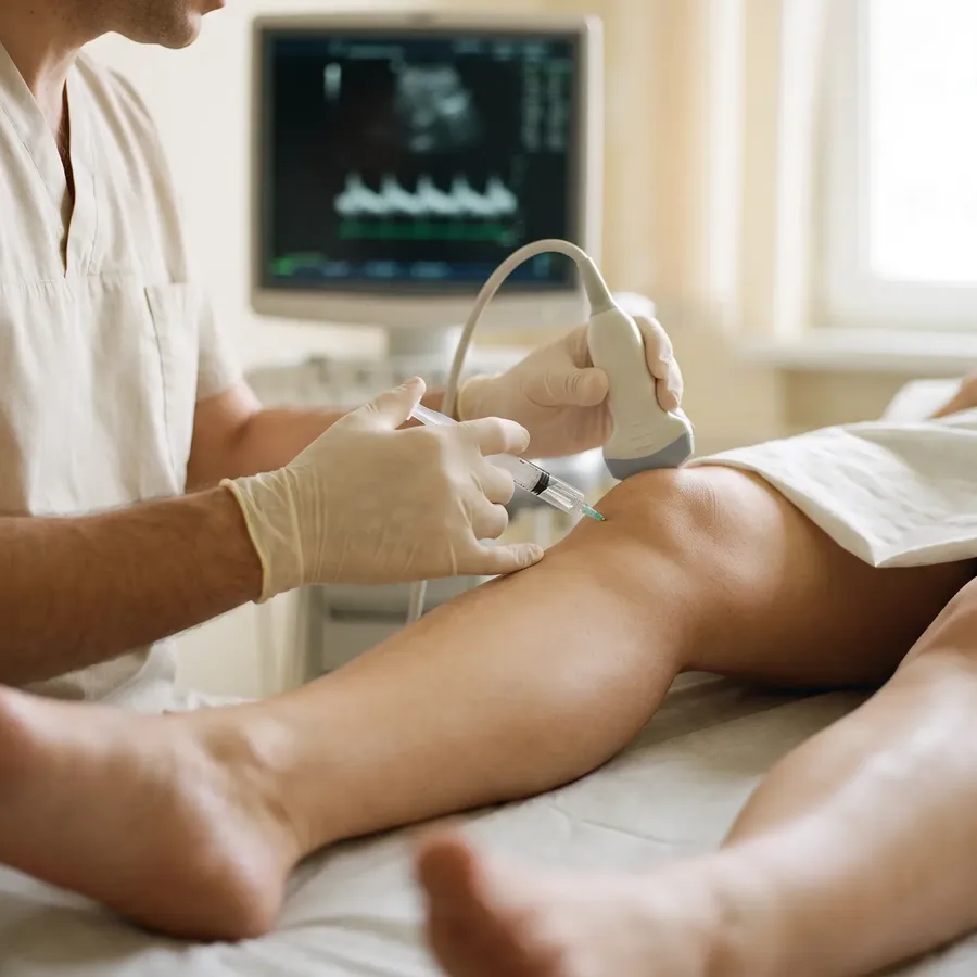 Médico realizando uma infiltração no joelho guiada por ultrassom, com transdutor e seringa.