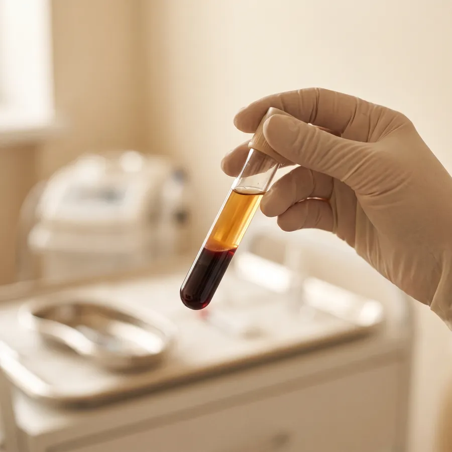 Mão enluvada segurando um tubo de sangue centrifugado, com a camada dourada do plasma (PRP) separada.